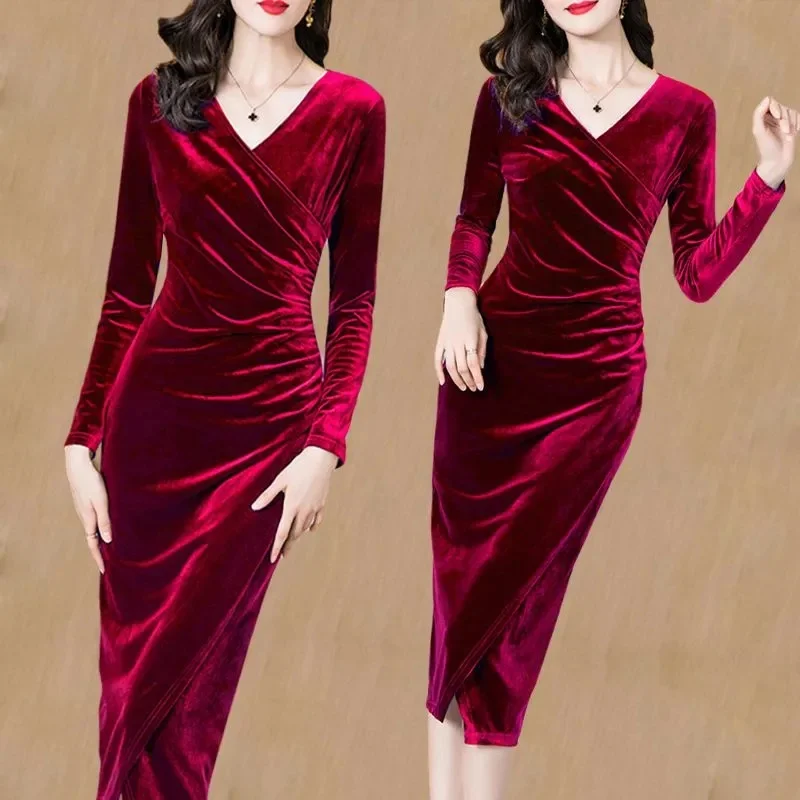 Golden Velvet Dress Female Long Sleeves V-Neck One Step Hip Wrap Slit Sexy Dresses Spring Autumn Women Velvet Long Dress