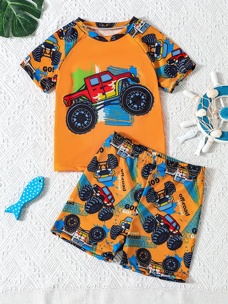 2 Piece Boys Summer Cartoon Car Print Short Sleeve Swimsuit and Swim Suit