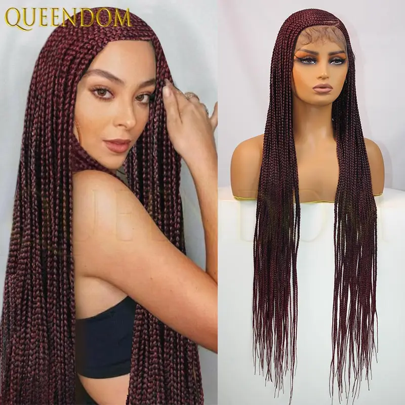 بورجوندي كامل الدانتيل مزدوجة شعر مستعار مضفر 36 ''فو لوكس شعر مستعار الجانب جزء كورنو صندوق للنساء السود مع شعر الطفل #4