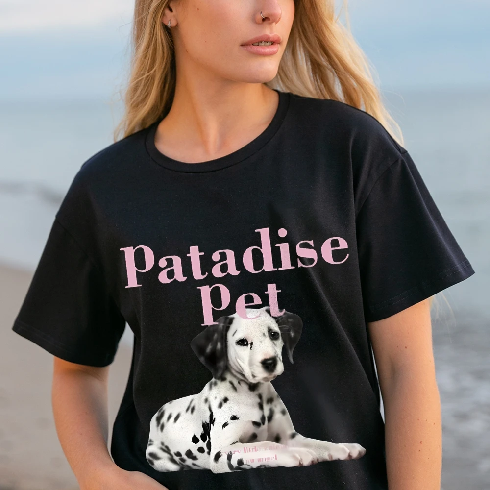 

Женская хлопковая футболка с далматинским собакой Patadise, модная повседневная одежда с графикой для домашних животных, футболка с милой собакой, дышащая ткань