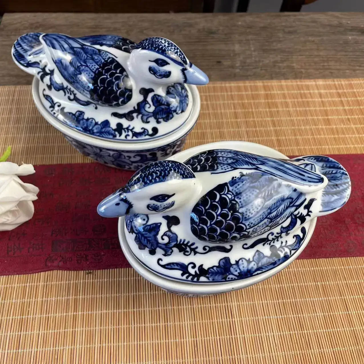 Blue and White Ceramic Box, Ceramic Storage, Mandarin Duck Plate