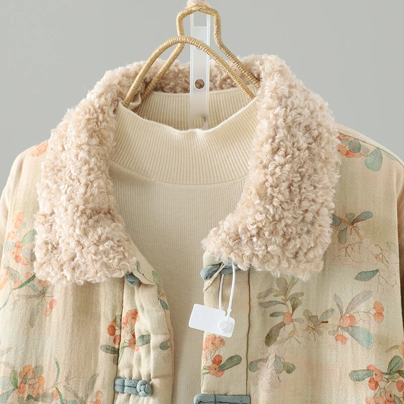 New Chinese Sle Patchwork Woolen Collar Floral Cotton Jaet Women's Warm Mid-Length Robe Polyester Filling Thiened Long ...