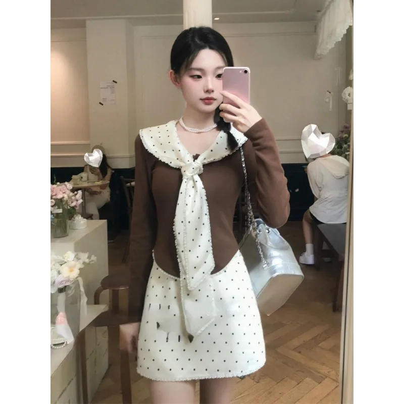 

Korean Fashion 2 Piece Skirt Sets Women Long Sleeve Y2k T Shirts + Mini Skirts Office Lady Elegant Vintage Suits Chic Outwear