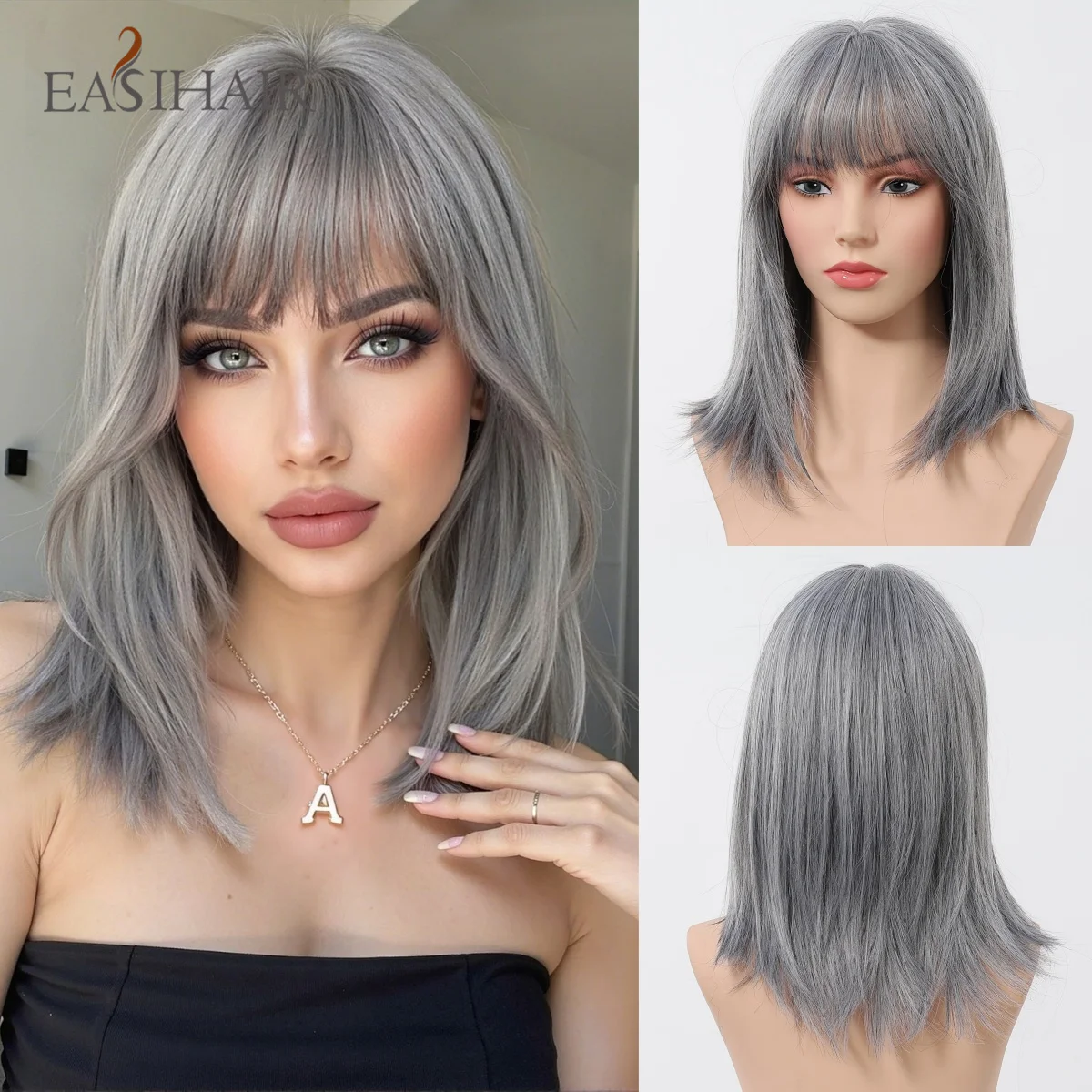 EASIHAIR Silver Gray Straight Synthetic Wigs with Bangs Ash Shoulder Length Cosplay Wigs Natural Hair for Women Heat Resistant