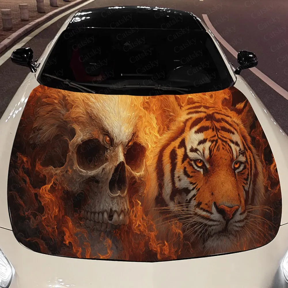 

Fiery Skull and Tiger Auto Cover Sticker, Waterproof and Self-adhesive Auto Hood Decal, Auto Vinyl Wraps, Cool Car Exterior Deca