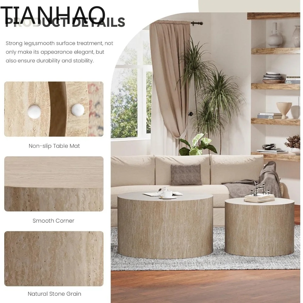 Modern Round Nesting Coffee Table Set of 2, Vertical Stripe Design Drum Coffee Table Cocktail Table, Round Side Table