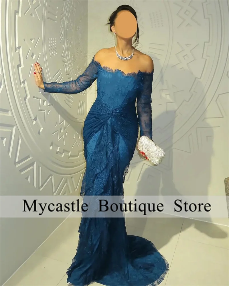 

Blue Lace Off The Shoulder Dubai Evening Dresses Mermaid Beauty Pageant Gowns Long Sleeve Special Occasion Dress Customized