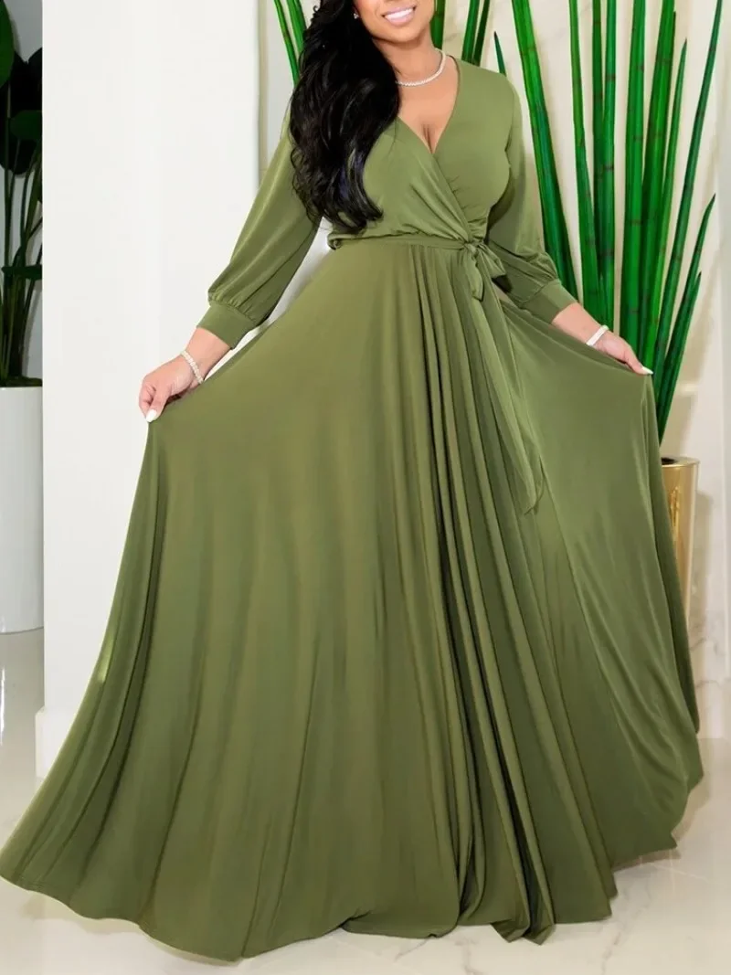 Robe longue pour femmes, couleur unie, col en v, taille élastique, manches longues, grande balançoire, ample, décontractée, surdimensionnée