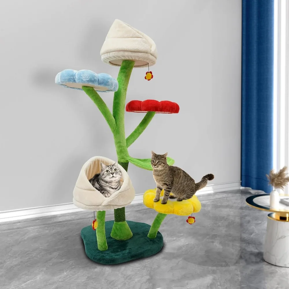 شجرة قطط متعددة المستويات مع أعمدة خدش وإطار تسلق وألعاب ملونة