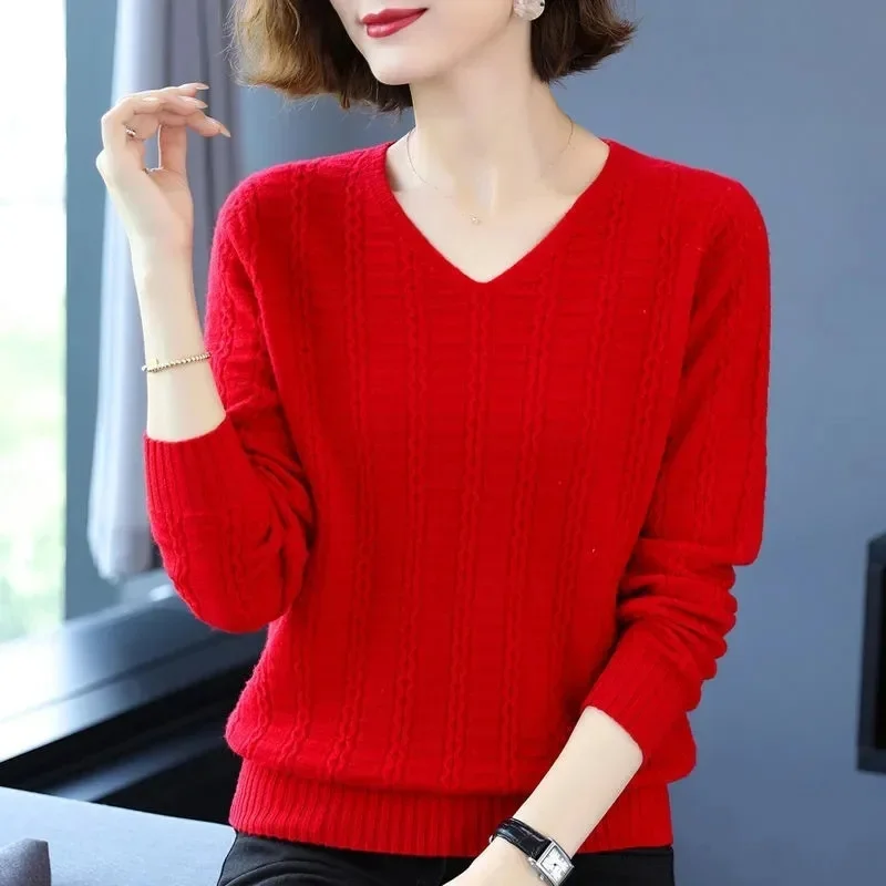 2024 Herfst Winter Vrouwen Solide Rib Gebreide V-Hals Streepje Pull Trui Femme Lange Mouw Trui Jersey Tops Mode Kleding