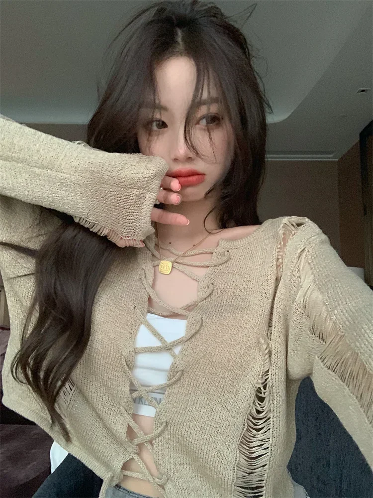 

Y2K Holes Knitted Cardigans Solid Retro Harajuku Cute cropped Jumpers Women Full Sleeve Lace Up Outwear Autumn Grunge