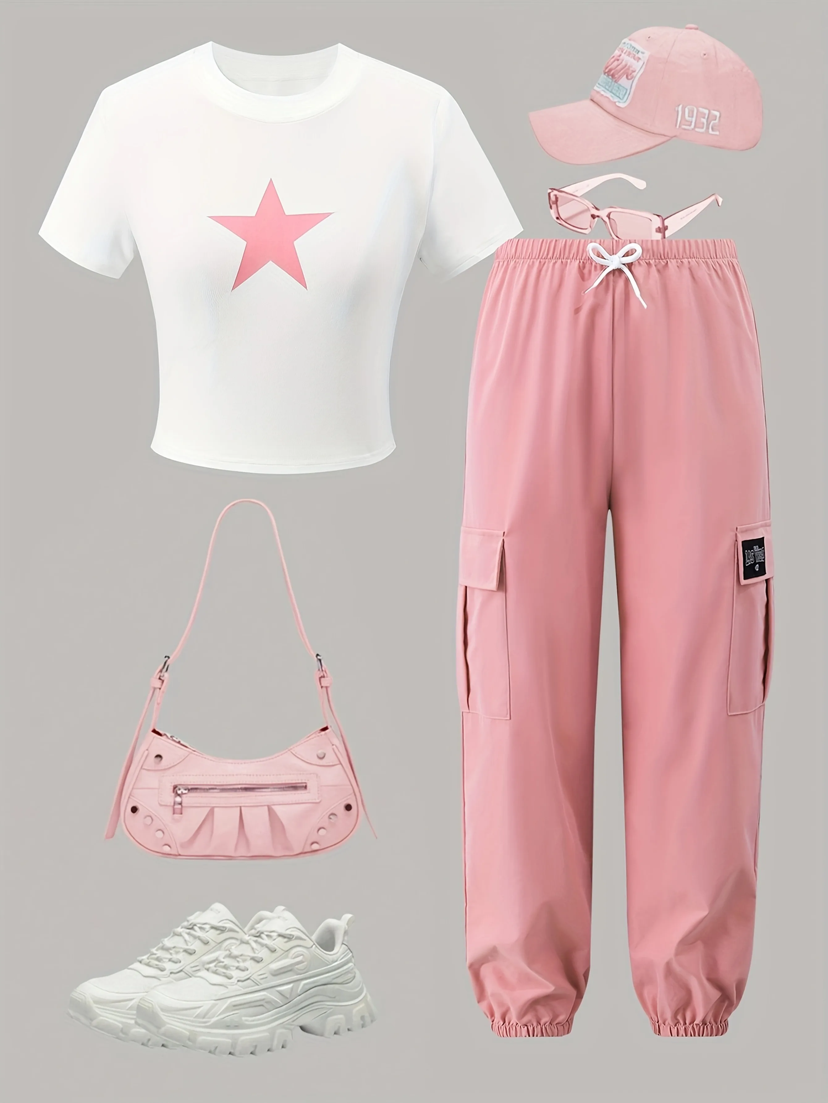 Lightweight Kids Girls Two Piece Matching Suit, Crew Neck Star Print Short Crop Tee + Elastic Waist Cuffed Cargo Trousers for Sc