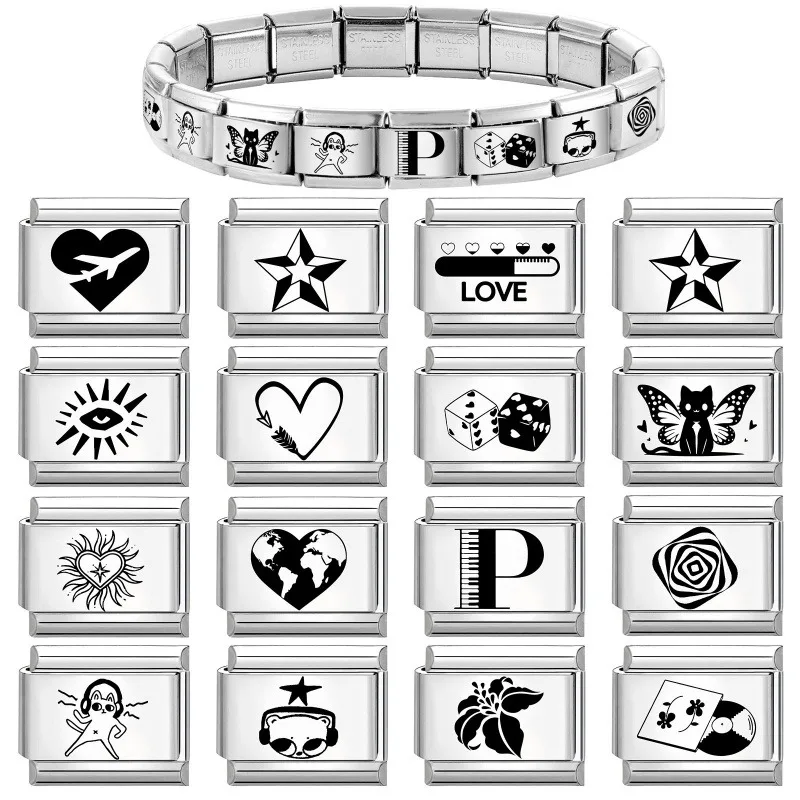 New Black Laser Engraving Sun Tai Chi Star Eye Flower Italian Charm Links Fit 9MM Stainless Steel Bracelet Women DIY Making Gift