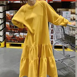 2023 Women Clothing Solid Color Pullovers Long Sleeve O-neck Patchwork Pleated Simplicity Elegant Fashion Loose Dresses New