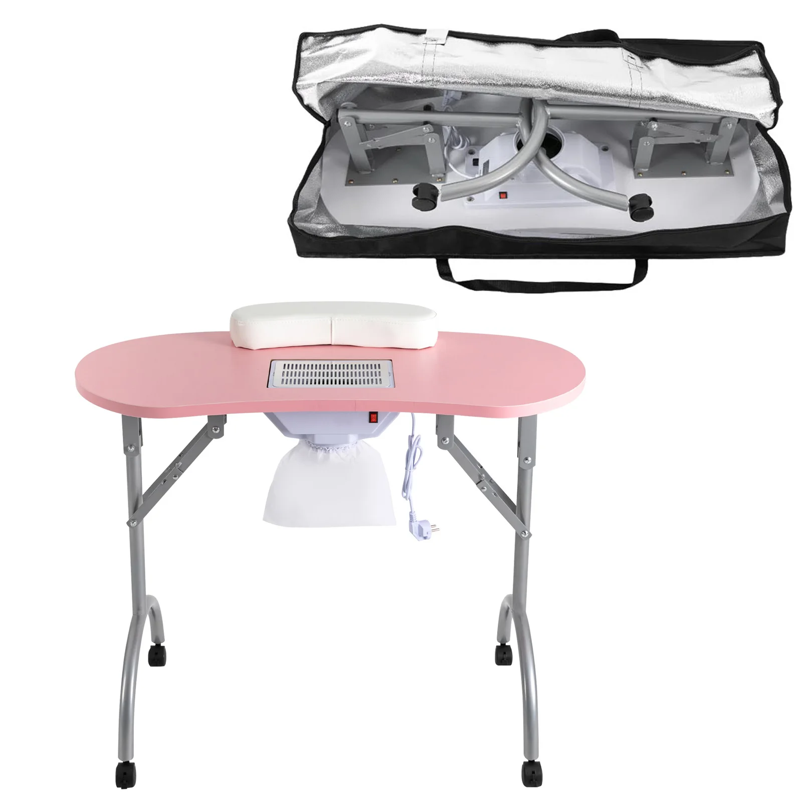 Portable Manicure Table, Foldable Nail Desk, on Wheels with Built-in Dust Collector, Carry Bag for Home Spa Beauty Salon, Pink