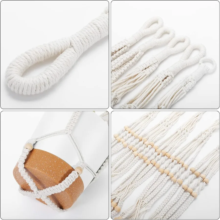 Plantadores suspensos para plantas de interior, conjunto de 5 peças com design macrame, 35 polegadas, 29 polegadas, 23 polegadas, cor marfim, recurso de rega automática