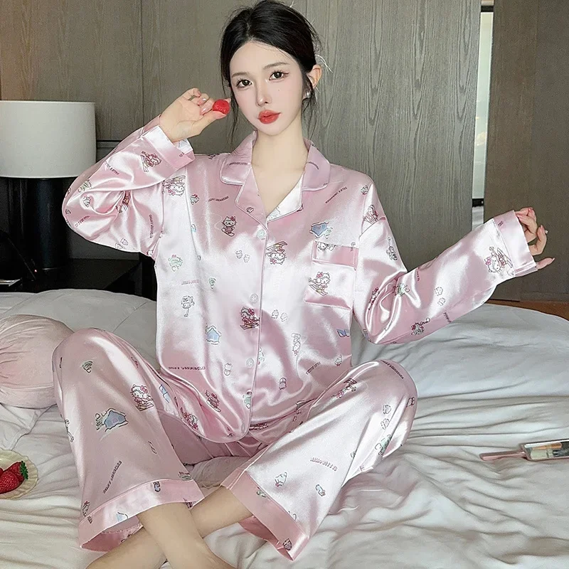 Cartoon Sanrio Hello Kitty Women\'s Pajamas Autumn Ice Silk Long Sleeve Pants Two-piece Lapel Homewear Silk Pajamas Women