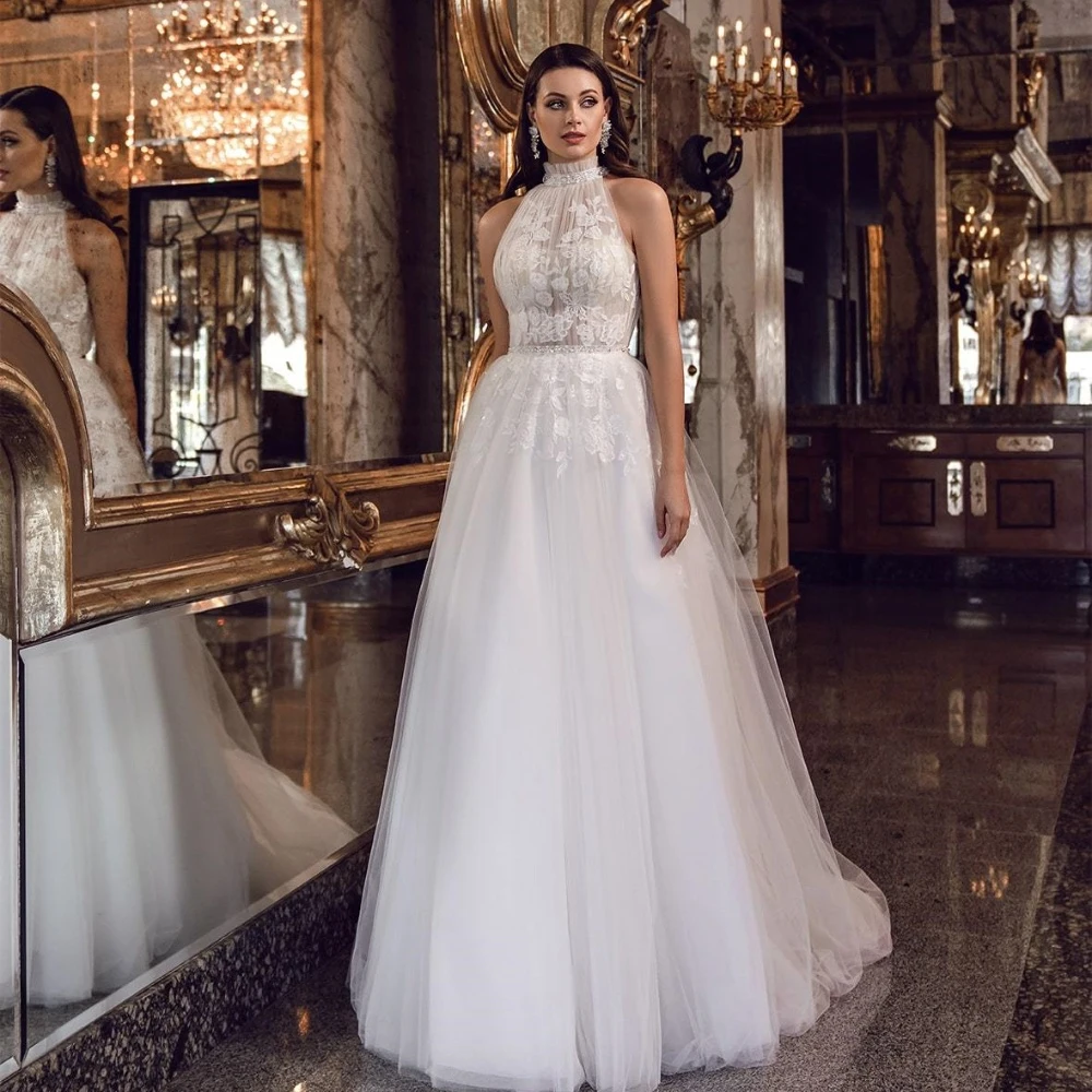 

Customized Elegant Glitter A Line Wedding Dress 2024 Halter Lace Appliques Crystals Belt Women Bride Gown Vestido De YAW51