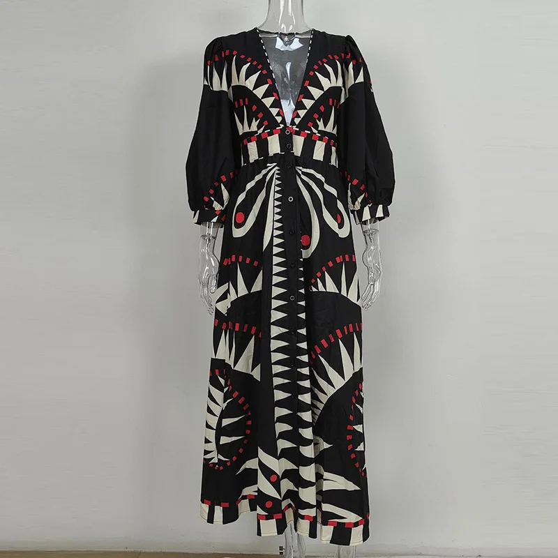 Vestido largo con estampado de patrón de moda de verano, vestido bohemio elegante con escote en V profundo para mujer, vestido informal de fiesta con manga acampanada