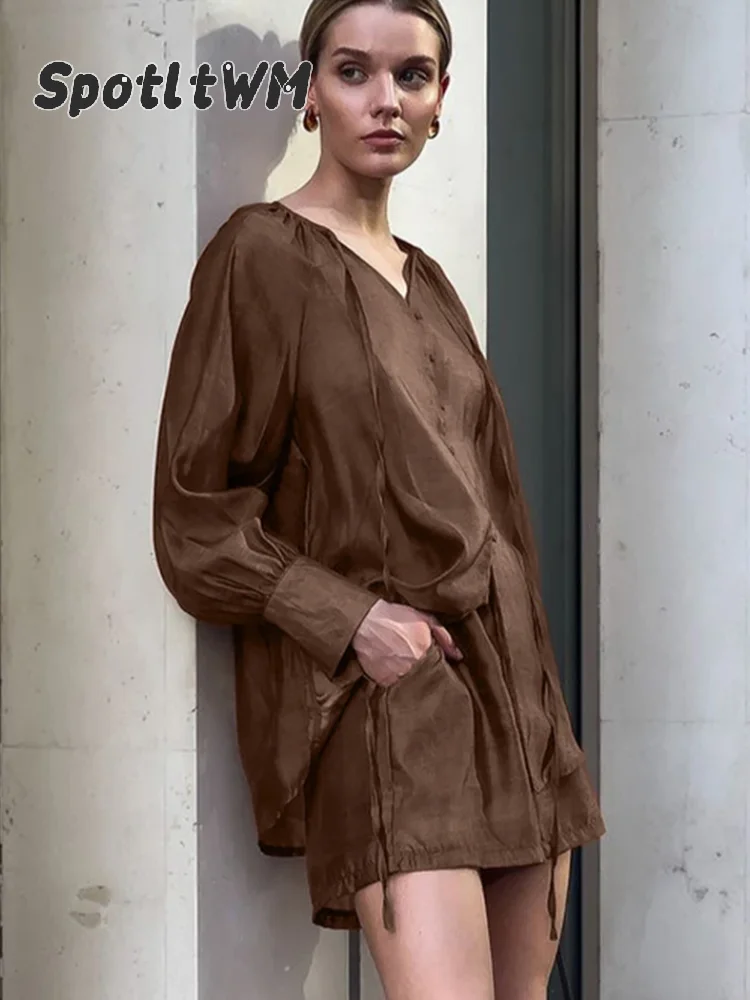 

Casual Satin Loose Brown 2 Piece Sets Women Fashion Solid Outfit 2025 Elegant Female Long Sleeve Shirt High Waist Shorts Set