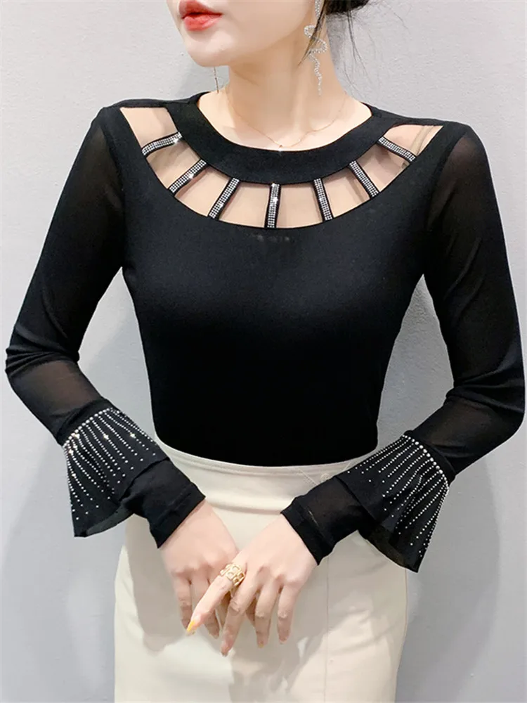 Ele Long Sve Me Base irt Camiseta de mujer con diamantes de imitación Hotfix Diseño calado Street Sle Spring Faion