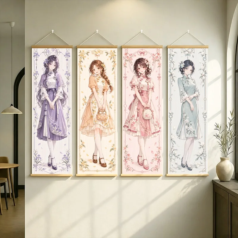 Anime Women in Lavender, Gold, Pink and Mint Dresses Hanging Scroll with Intricate Floral Borders for a Cozy Reading Nook