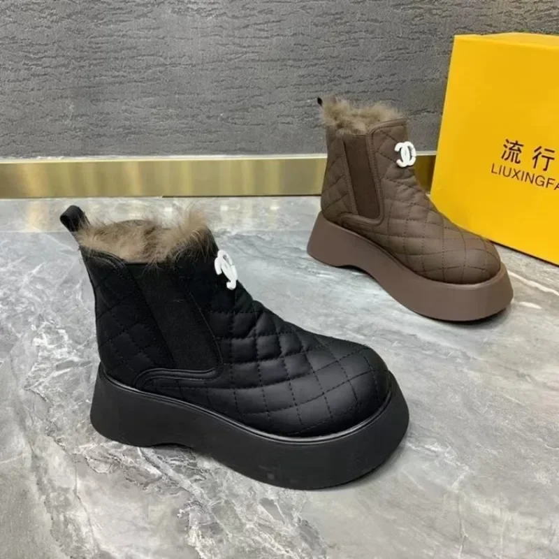 2024 Fashion Ladies Shoes Sleeve Women\'s Boots Winter Round Toe Plush Fleece for Warmth Solid Short Barrel Platform Boots