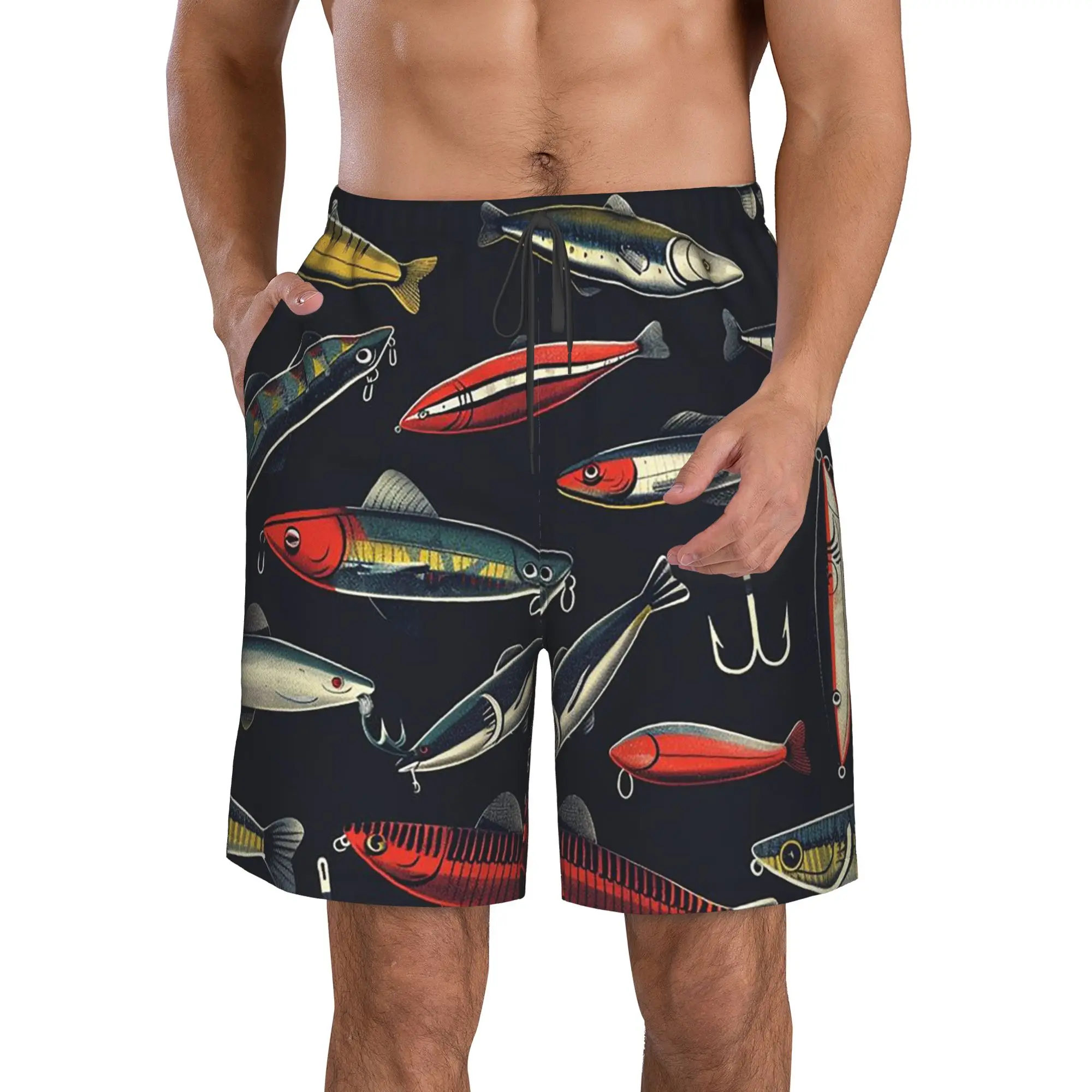 Colorful Fishing Lure & Fish Bait Pattern Trunks Beach Board Shorts Casual Quick Dry Swim Summer Men Pants