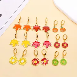 Autumn Pumpkin Earrings Trendy Alloy Oil Colors Plant Maple Leaf Sunflower Drop Earrings for Women Girls Thanksgiving Jewelry