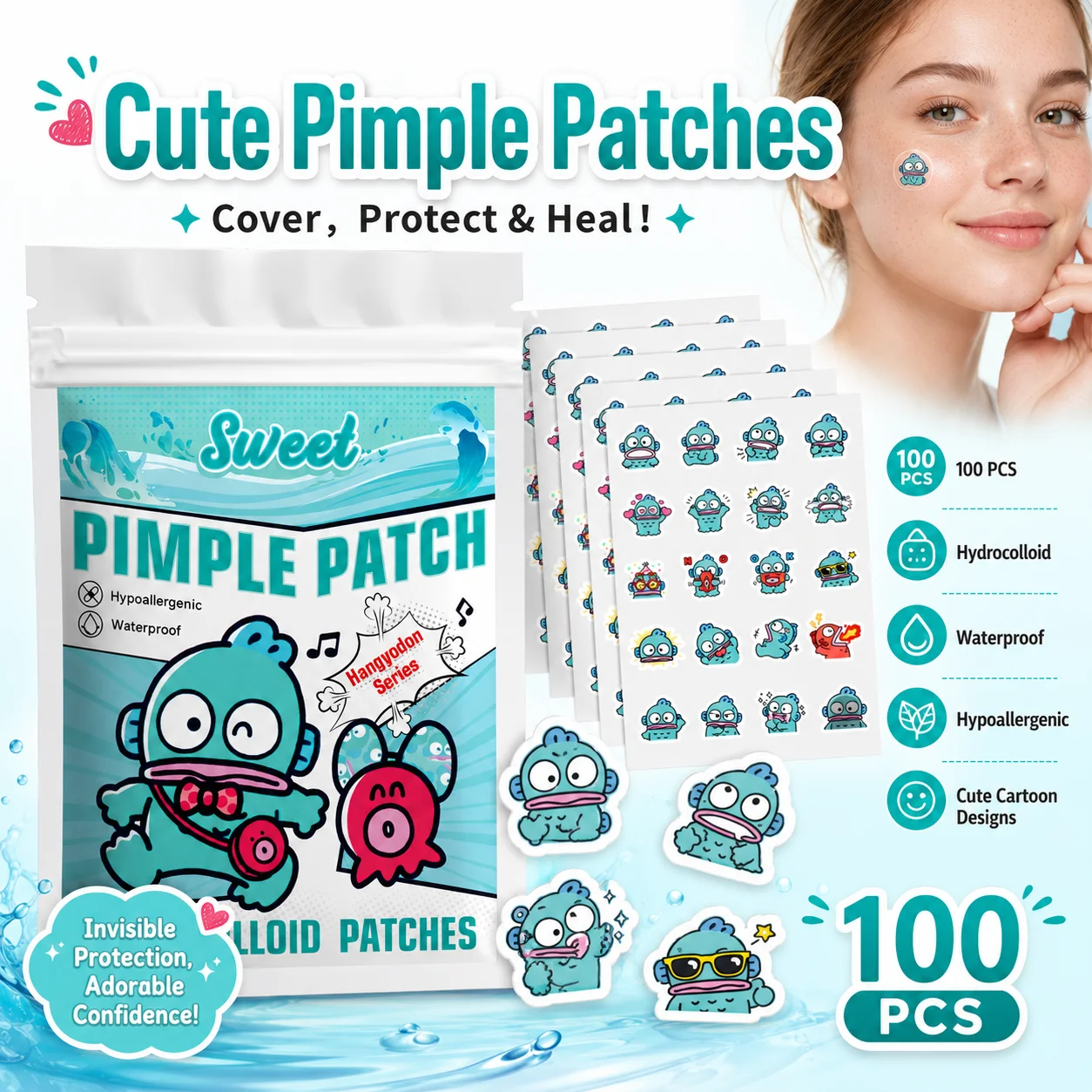 Hello Kitty Cute Pimple Patches, 100pcs Hydrocolloid Acne Spot Covers, 25 Fun Designs, Gentle, Waterproof, Skin-Friendly