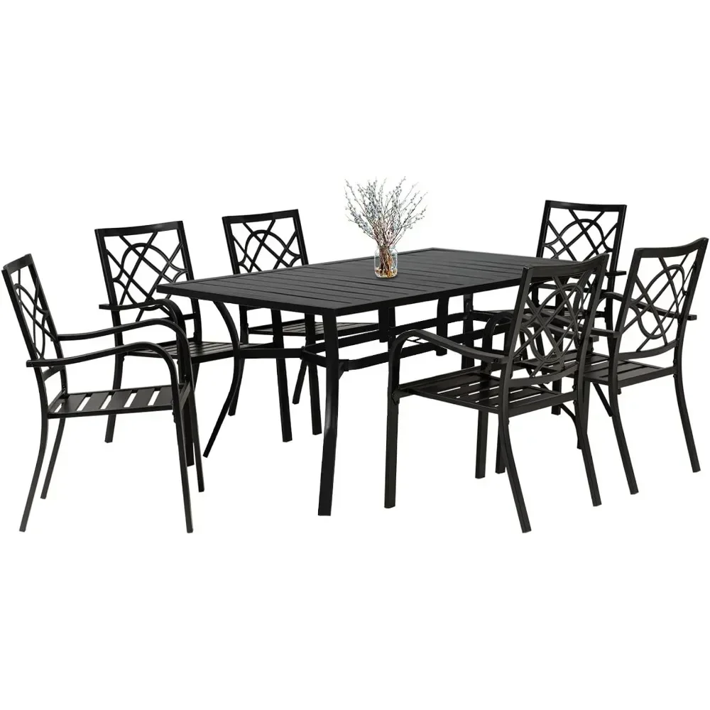 Outdoor Table and Chairs Set, Metal Stacked Chairs of 6, Slat Table Top with 1.57 