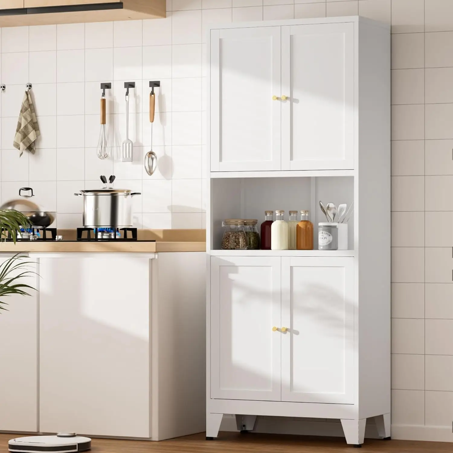 خزانة مطبخ معدنية، خزانة تخزين طويلة 69 مع 4 أبواب و3 أرفف قابلة للتعديل، خزائن قائمة بذاتها لتناول الطعام R