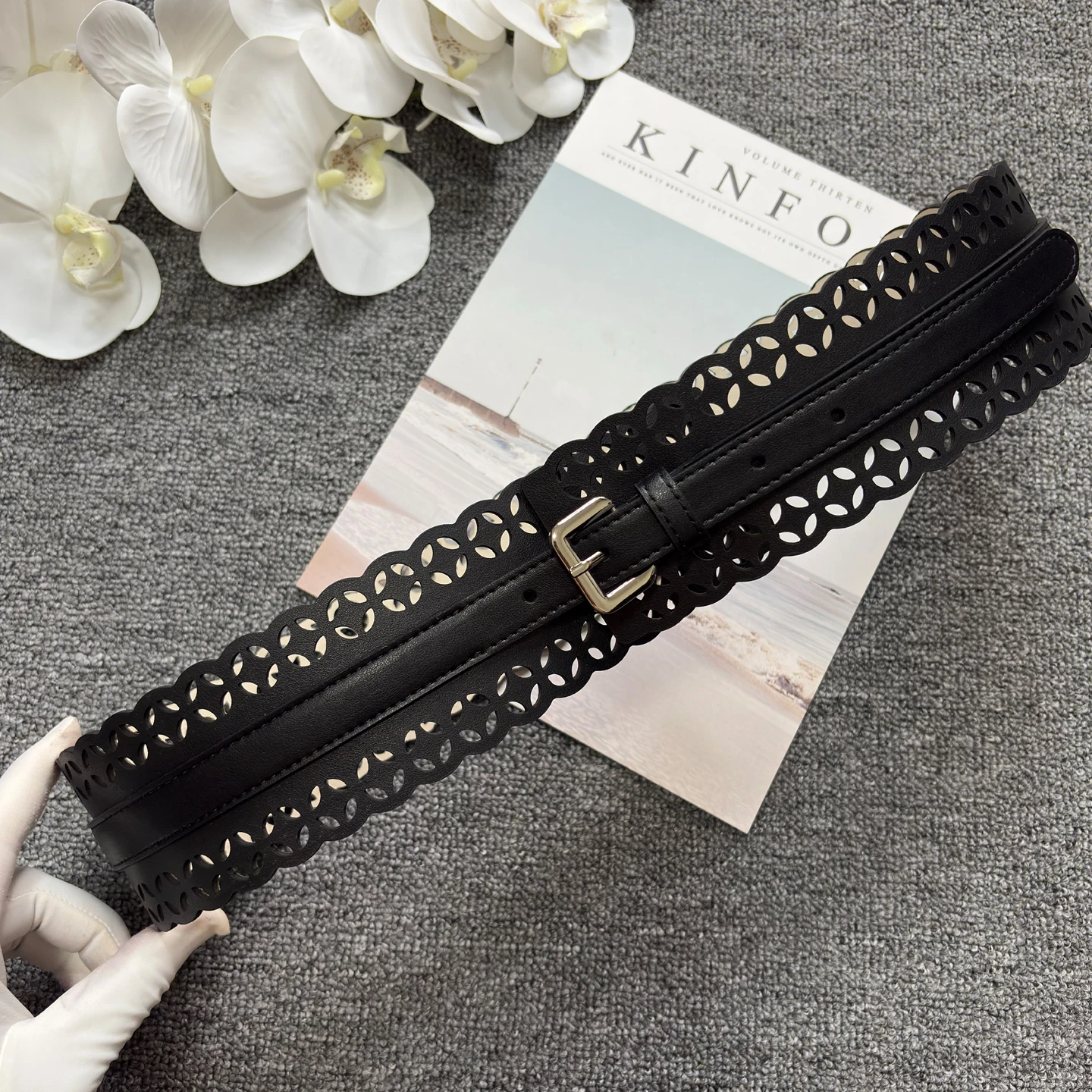 

Bohemian style openwork waist seal ethnic style genuine leather wide silver buckle belt women's laser cut pattern