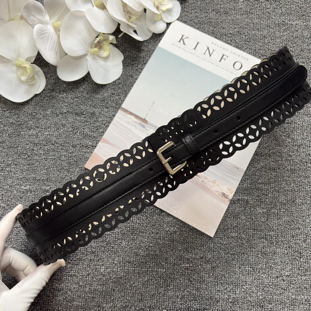 Styl boho ażurowa talia seal etniczny styl prawdziwej skóry szeroki srebrna klamra pas damski laserowo wycinany wzór