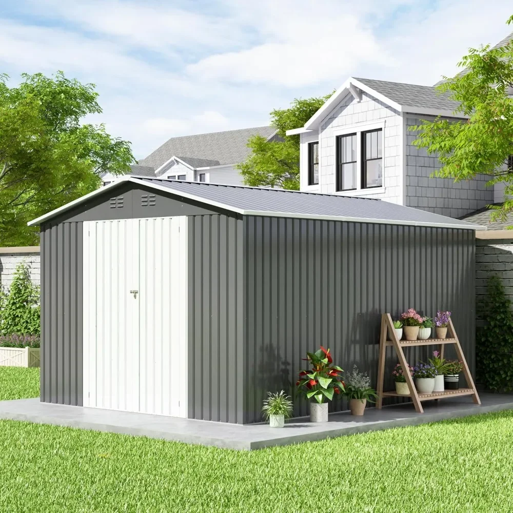 12 x 10 foot heavy-duty galvanized steel storage shed, sloping roof and ventilation openings, reinforced frame storage shed