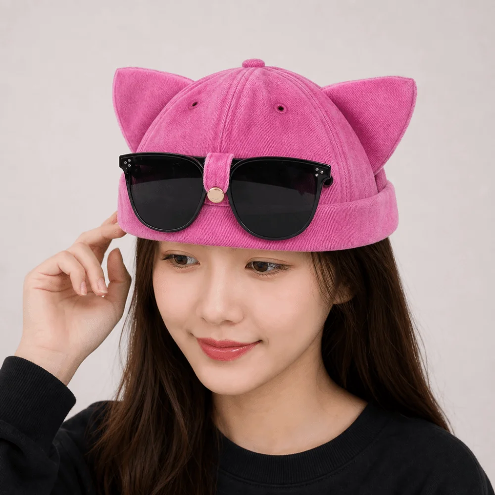 Basin Hat Cat Ears Brimless Hat with Sunglasses Cute Sweet Dome Melon Cap Unisex Breathable Bucket Cap Casual Wear