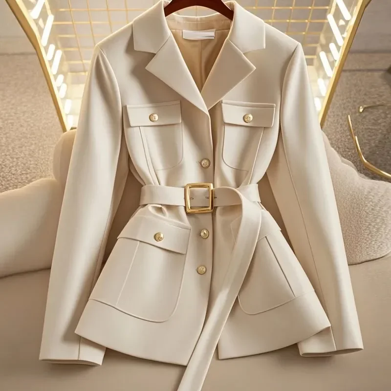 2025 Spring Autumn New Chic Casual Blazer Jacket Women Outwear Fashion Loose Belt Double Single-Breasted Professional Suit Tops