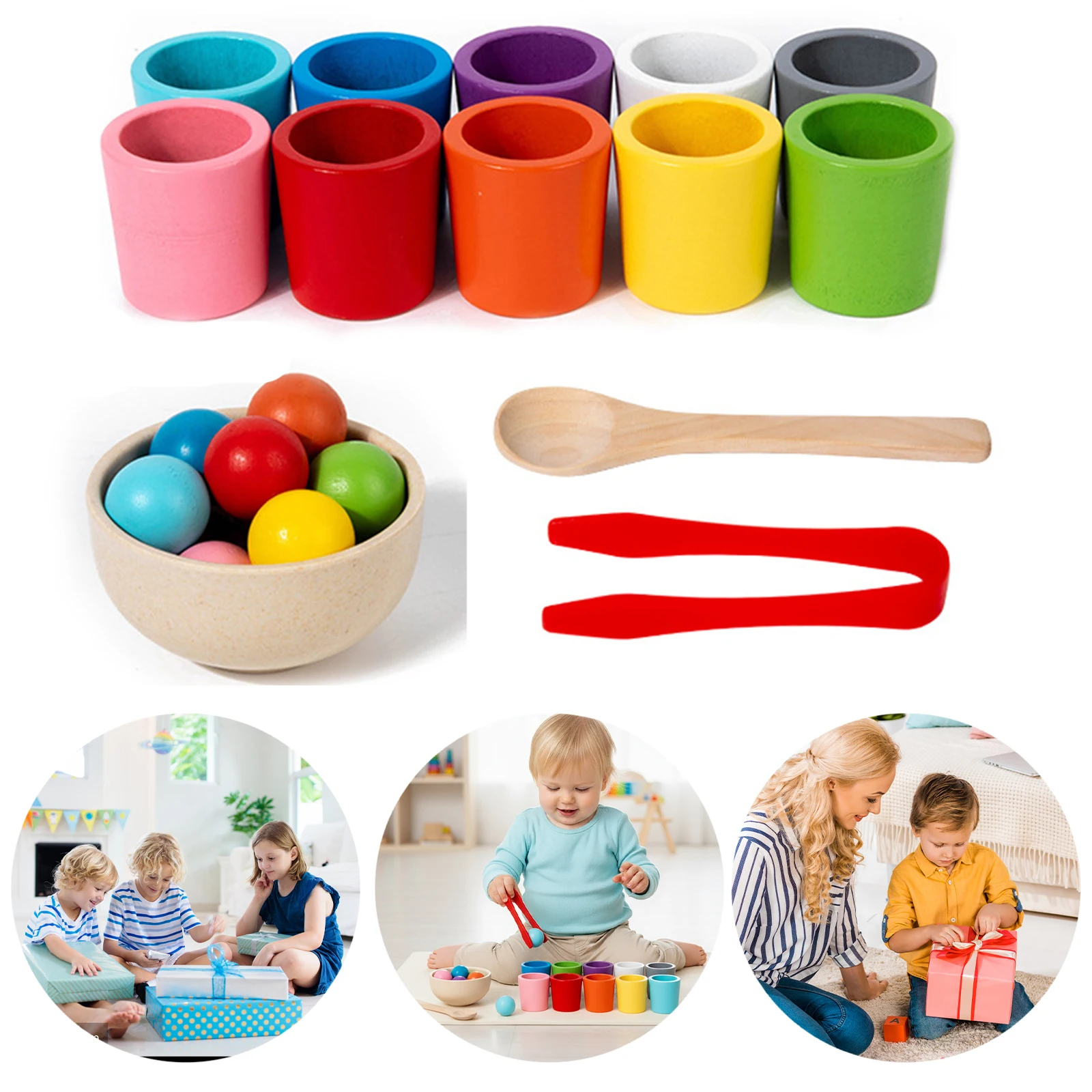

Ten Colors Wooden Color Matching Games with Spoon & Tongs Colorful Cups and Balls Sorting Toy for Children Kids