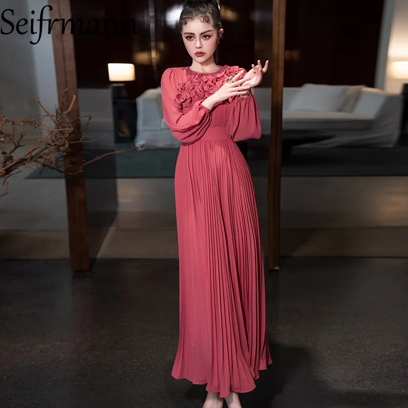 Seifrmann Modedesign Damenkleid mit Applikationen, hoher Taille, Laternenärmel, einfarbig, große Schaukel, plissierte Kleider