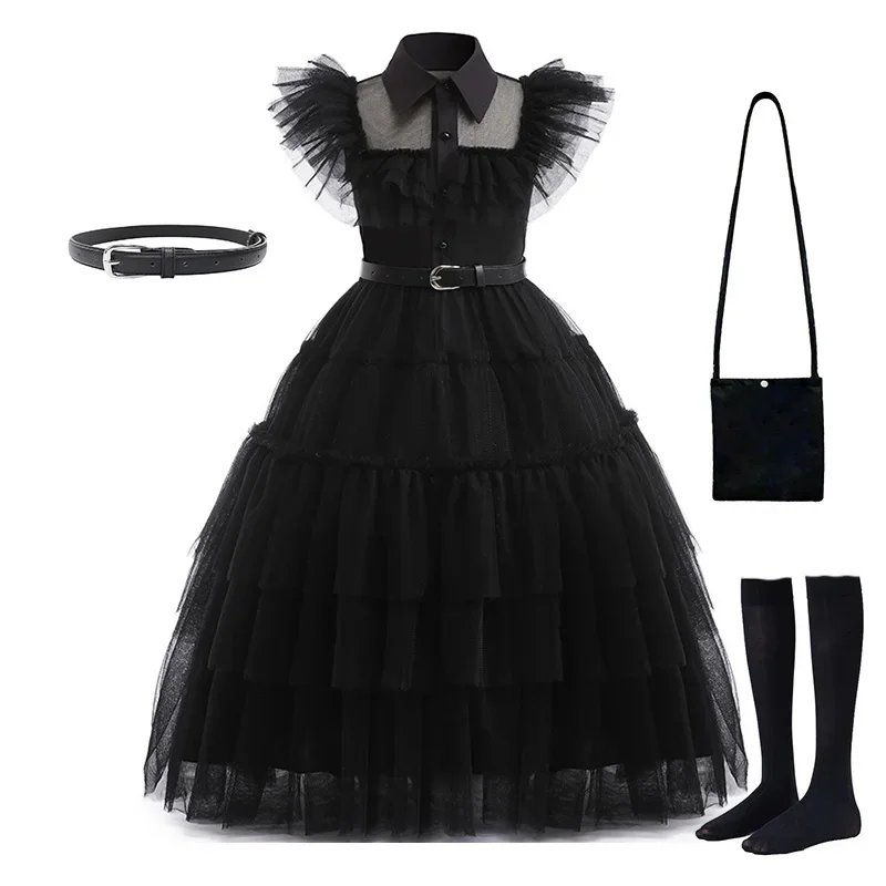 Wednesday Addams Cosplay for Girl Costume Kids Party Dresses Wig Carnival Easter Halloween Christma Party Costumes 3-14 Years