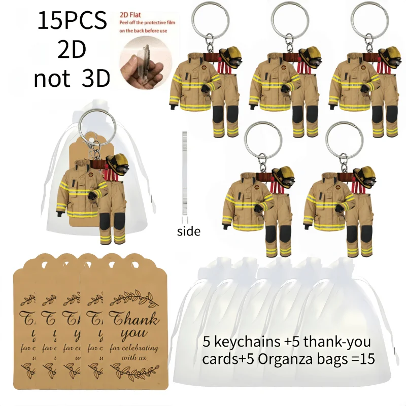5Sets Firefighter Keychain Includes Acrylic 2D Pendant & Thank You Cards & Organza Bags Gifts for Friends Men Party Souvenirs