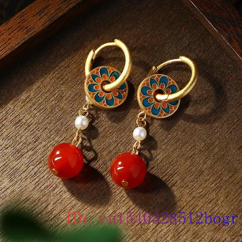 Red Real Jade Bead Earrings Women Natural Jewelry 18K Gold Plated Accessories Fashion Gemstone Gifts Designer Flower Carved