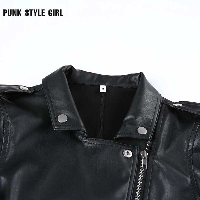 Black PU Leather Crop Jacket Harajuku Hip Hop Street Wear Punk Style Womens Coats Long Sleeve Turn-Down Zipper Short Jackets