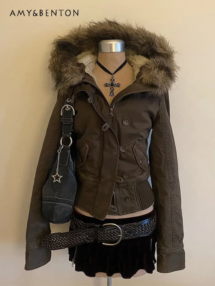 

American Vintage Y2K Jacket High-End Brown Fleece-Lined Collar Slim Coat for Women Subculture Gothic Style Thickened Jackets