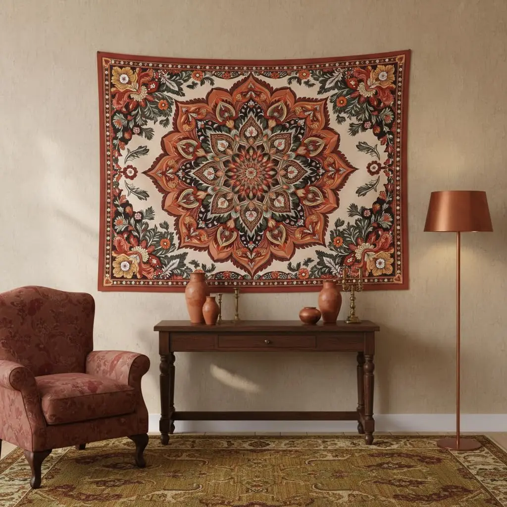 Vintage Mandala Tapestry – Boho Floral Pattern Wall Art, Retro Indian Decor for Bedroom, Living Room 130x150cm51x59in