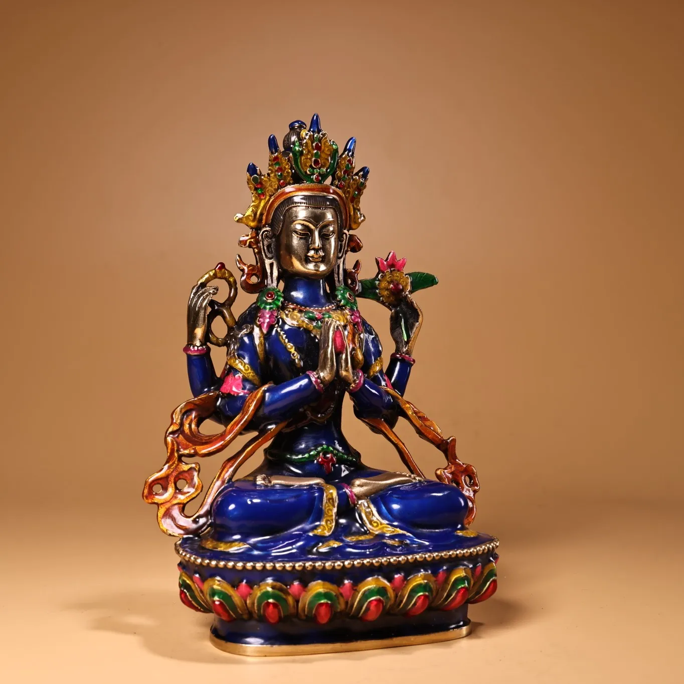 

8"Old Xizang Folk Collection Old Bronze Cloisonne Four-armed Guanyin Bodhisattva lotus platform Sitting Buddha Worship Hall