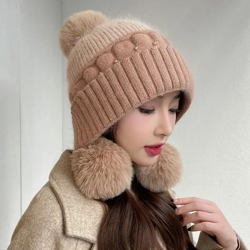 

Simple Solid Color Woolen Knitted Cap Knitted Cold-proof Plush Beanie Hat Windproof Plush Ball Ear Protection Hat Outdoors