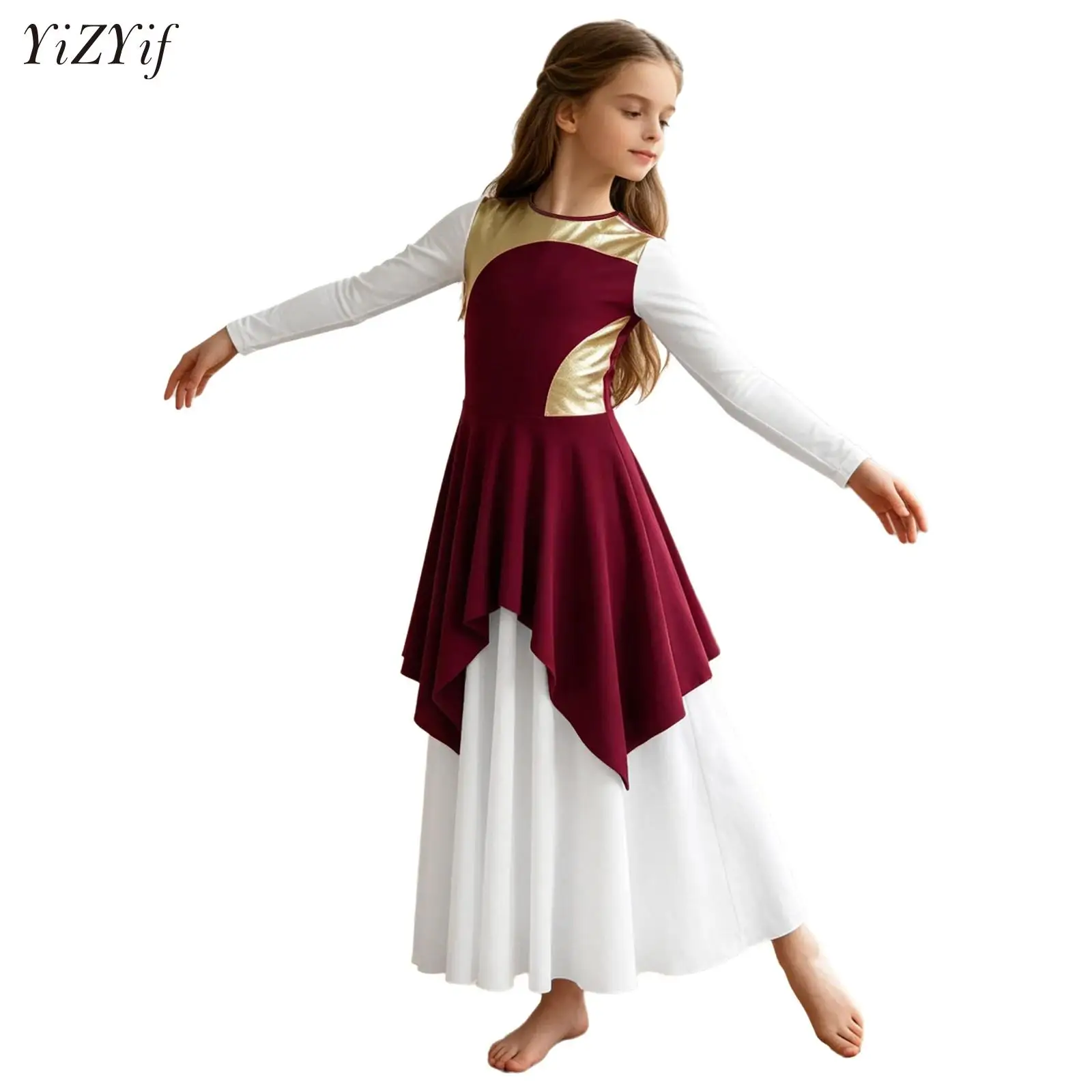 Color Block Liturgical Worship Praise Ballet Lyrical Dance Tunic Dresses for Church Choir and Stage Performance Kids Girls Robe