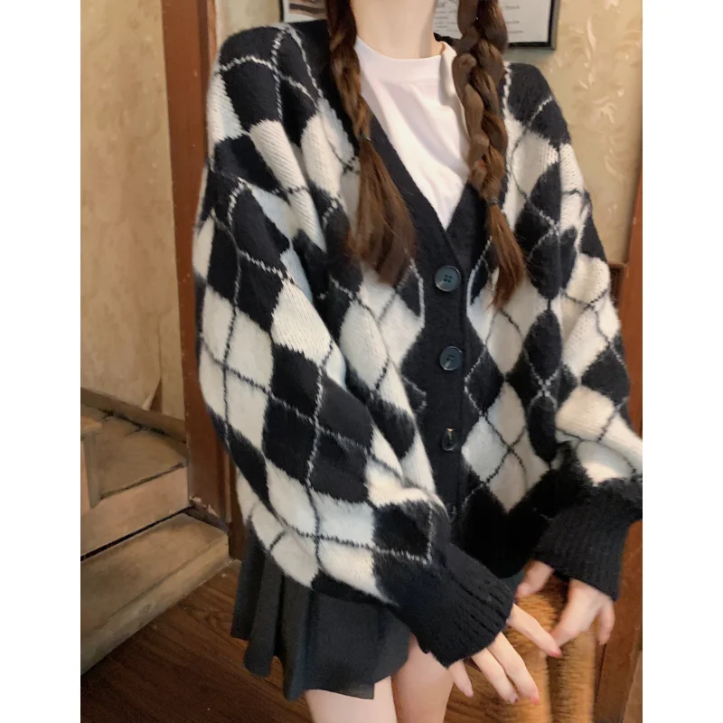 Women Clothing Vintage Knitting Sweater Brown Cardigan V-neck Long Sleeve Lazy Style Fashion Female 2023 NEW Winter Lattice Tops