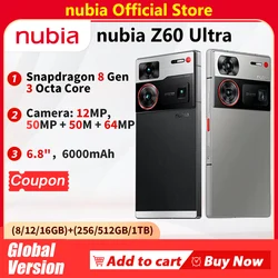 Nubia-teléfono inteligente Z60 Ultra versión Global, smartphone 5G de 64MP, 6,8 pulgadas, 8Gen3 Snapdragon, NFC, 6000mAh, 80W, batería de carga rápida, IP68, NX721J